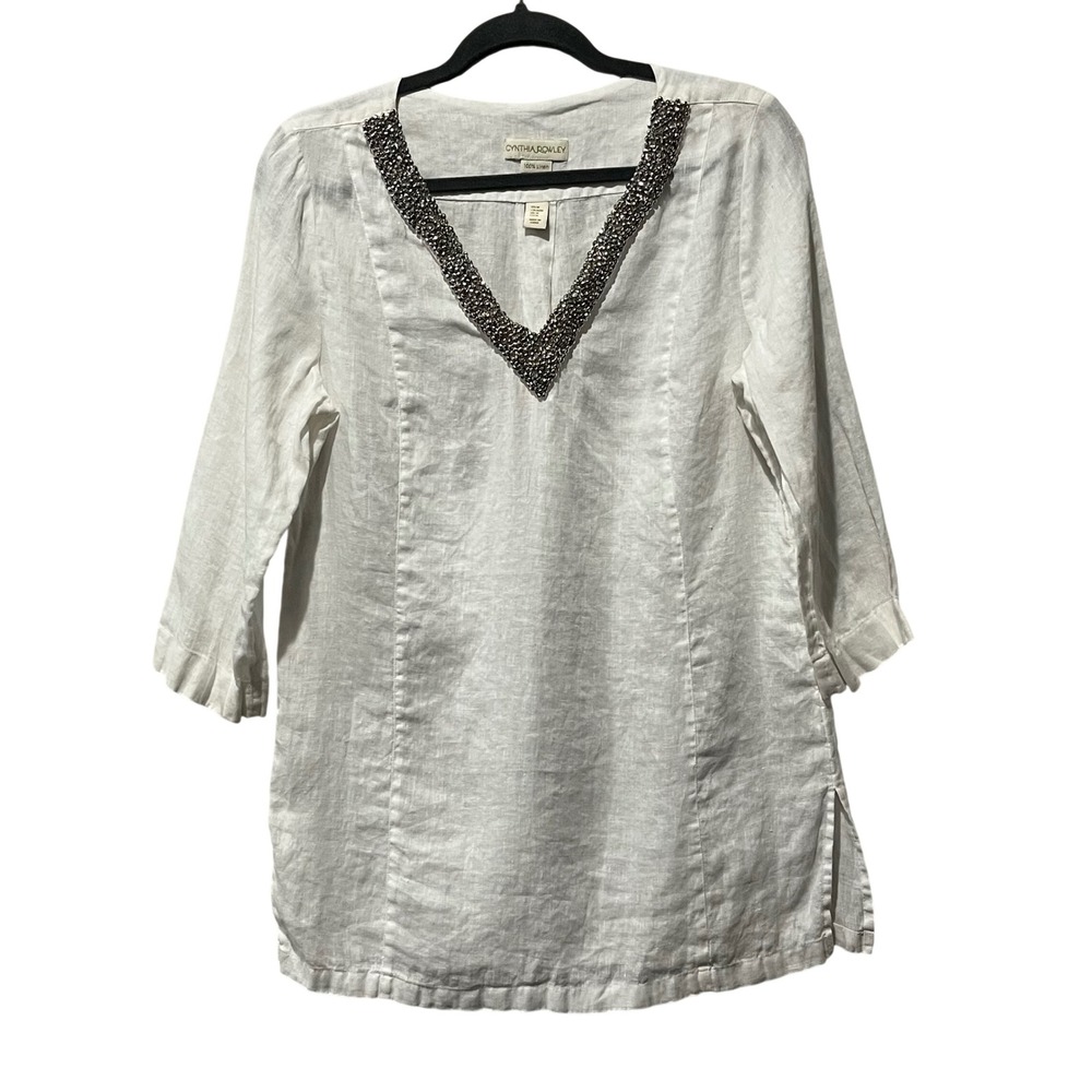 Cynthia Rowley 100% Linen Beaded V-Neck Tunic Top White Womens Medium 3/4 Sleeve